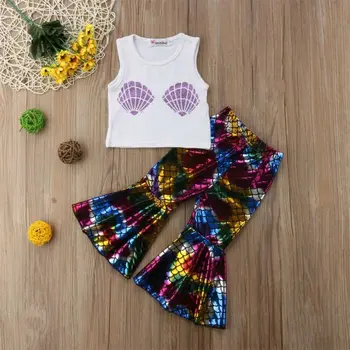 価格 2 個幼児の子供の女綿ノースリーブファッションマーメイドトップスフレアパンツアウトフィット服