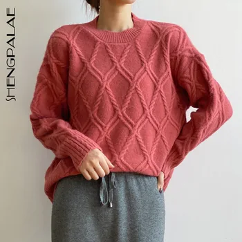 

SHENGPALAE 2020 New Korean Style Round Neck Sweater Women's Retro Simple Diamond Pattern Solid Color Knitted Top Women ZT1029