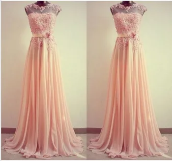 

New Pink Coral Lace Appliques Sheer Top Chiffon Cap Sleeve Floor Length Long party prom gowns 2018 Bridesmaid Dresses