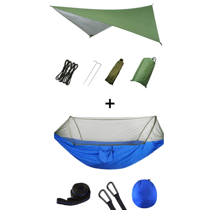 Green and blue Outdoor Portable Hammock with Mosquito Net and Rain Fly Camping Backpacking Bug Hammocks and Netting Parachute Hammock Canopy - Color: Green and blue