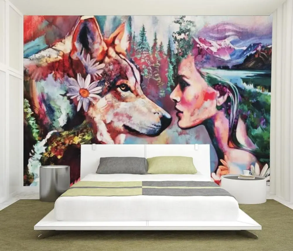 Mural 3D de pared Mujer bailando con lobos Animales Arte Creativo y Abstracto MURALES 3D DE PARED Naturaleza Negocios Novedades REBAJAS DE NAVIDAD