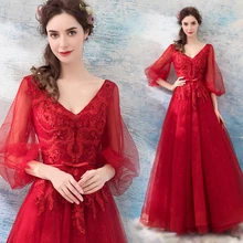 Новинка, Красное длинное платье с длинным рукавом и v-образным вырезом, платье для выпускного вечера для девушек, вечернее платье