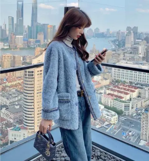 Blue fur coat Женское пальто с мехом, осенне-зимний искусственный мех ягненка, зимняя Короткая Меховая куртка, взрывная Корейская Меховая Куртка Jaqueta Feminina - Цвет: Blue fur coat