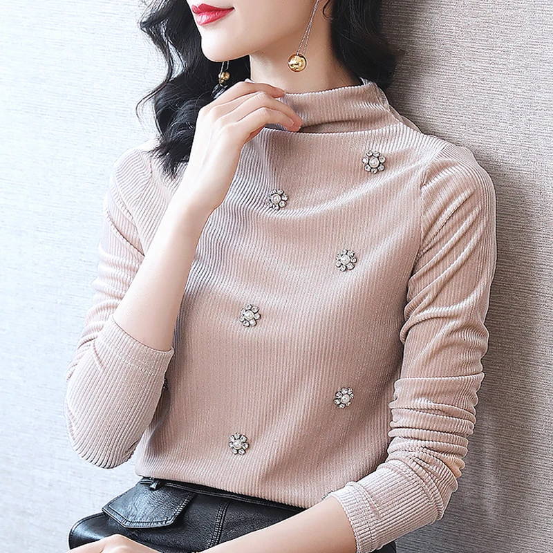 Winter Clothes Women Long Sleeve Beading Velour Blouse Shirt Tops Blusas Mujer De Moda 2021 Clothing E46 | Женская одежда