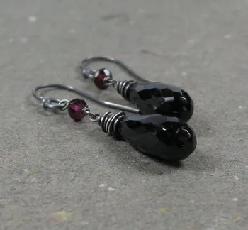 Black Spinel Earrings Pink Tourmaline Long  Earrings