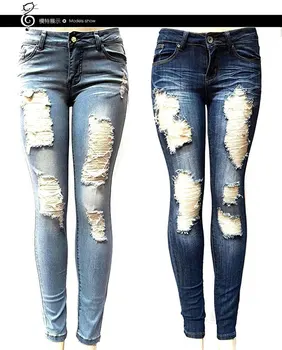

2020 new women's jeans long section holes tight skinny season buttons buttons fashion all-match slim