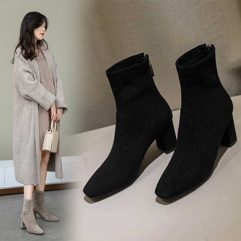 

Women's Boots Square toe Yarn Elastic Ankle Boots Thick Heel High Heels Shoes Woman Female Khaki Socks Boots 2019 Fashion Autumn