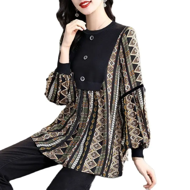 

Women Splicing Blouse Spring Autumn 2022 New High-End Fashion Printing Fake Two Pieces Stripe Ladies Loose Long Sleeve Jacket