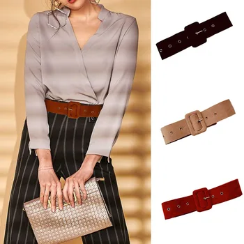 

Women Wide Waist Belt Soft Suede Velvet Ladies Dress Belt Square Buckle Eyelet Female Belt Brown Black Waistband