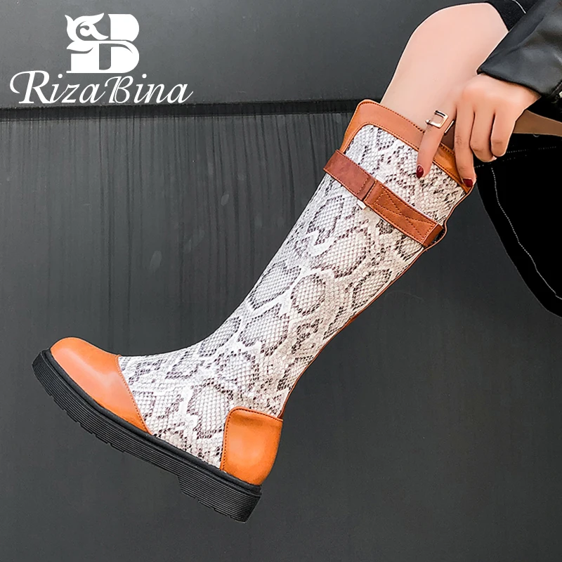 

RIZABINA Women Knee Boots Fasion Winter Shoes Women Warm Fur Zipper Flats Long Boots Patchwork Office Lady Footwear Size 34-43