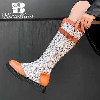 

RIZABINA Women Knee Boots Fasion Winter Shoes Women Warm Fur Zipper Flats Long Boots Patchwork Office Lady Footwear Size 34-43