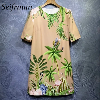 

Seifrman Women Autumn Fashion Designer Short Dress Crystal Beading Sequined Short Sleeve Floral Print Ladies Loose ALine Dresses