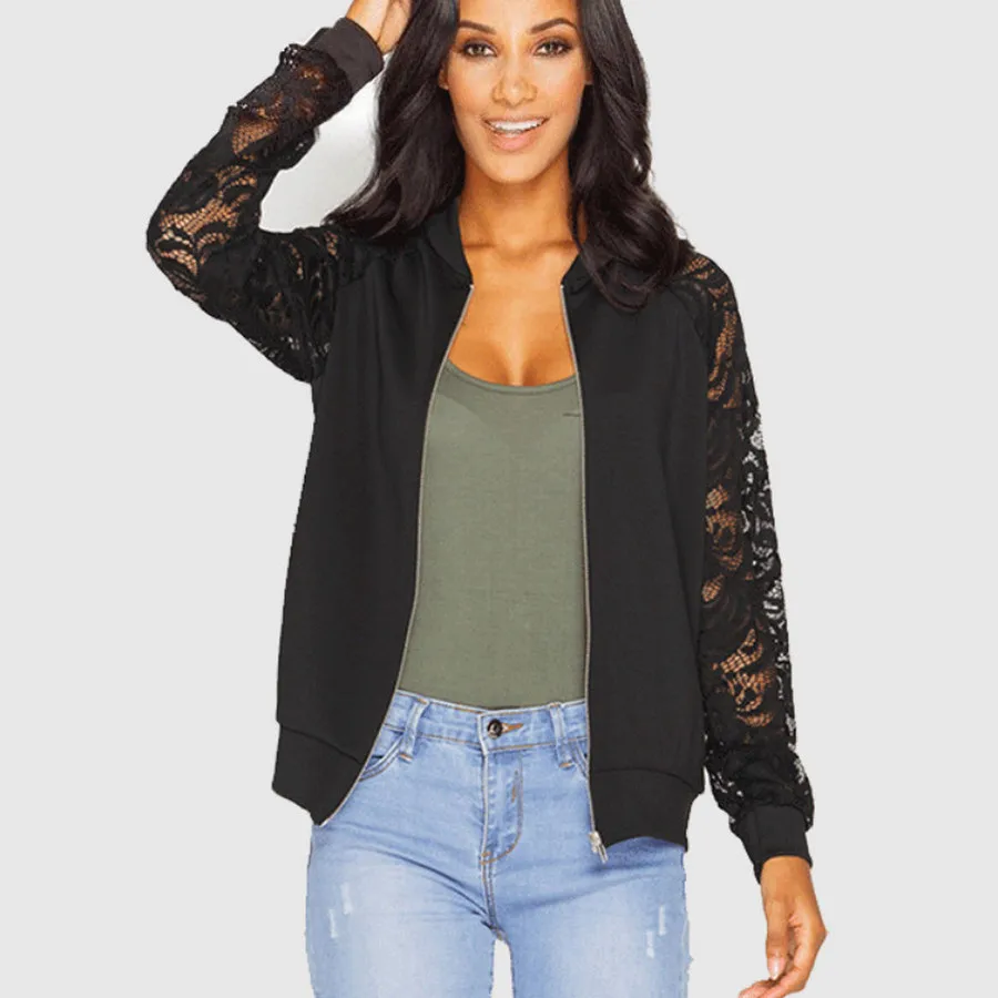 remarkable Lace Casual Jacket Women Splice Tight Long Sleeve Black White Thin Coat Ladies Fashion Sexy Slim Zi