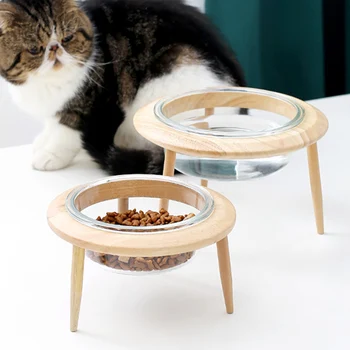 

Glass Adjustable Raised Pet Bowl with Wooden Stand for Cat and Dog No Spill Pet Food Water Feeding Bowls