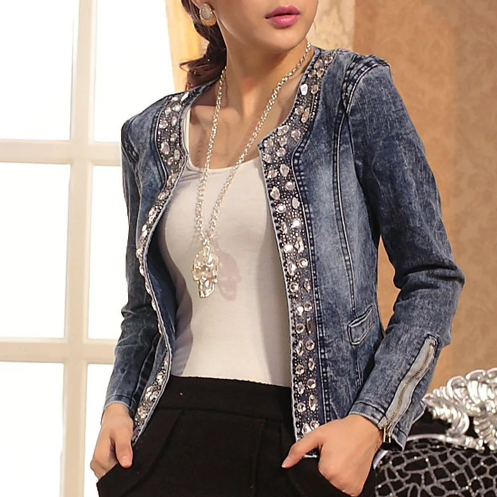 

Rivet Diamond Stretch Denim Jacket Women Sequined Retro Short Jacket 2020 Spring European and American Denim Jacket Top