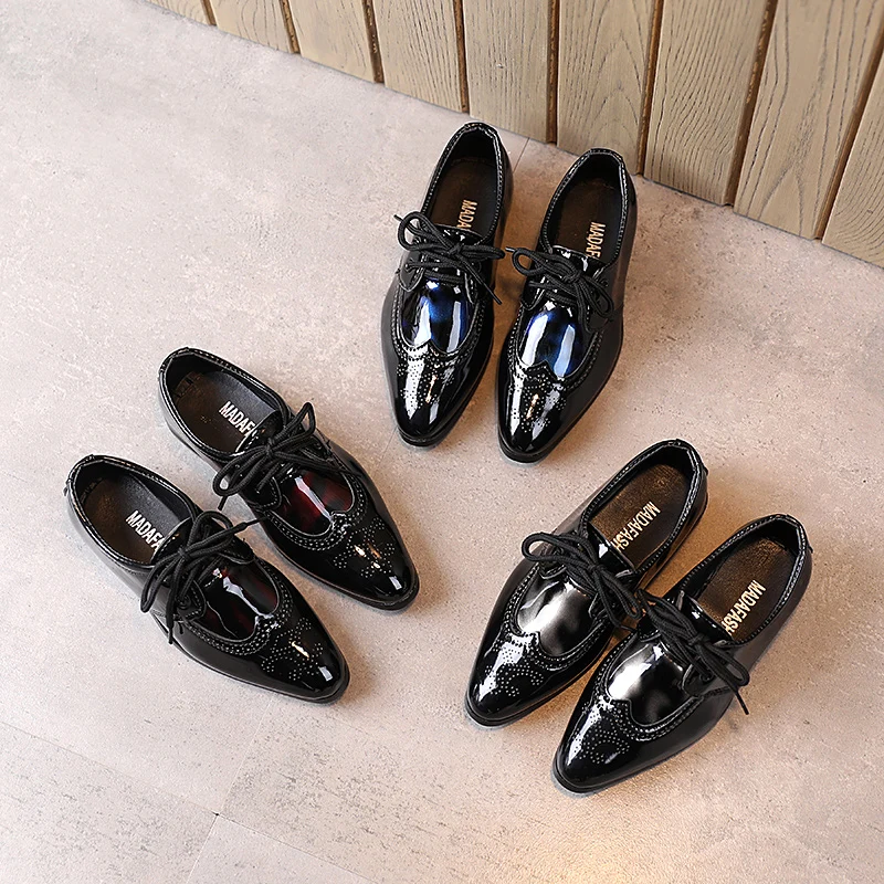 ULKNN Boys pointed toe shoes Students black spring and autumn flat lace-up single shoes for children size 21-36