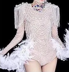 bodysuit only Мигающие Стразы Жемчуг бахрома боди хвост наряд бар день рождения, празднование наряд женщины представление певцов и танцовщиков наряд - Цвет: bodysuit only