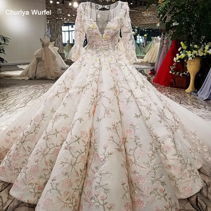 

LS64221 long sleeves wedding gowns vestido de novia encaje open back colorful pink flowers satin lace wedding dress real photos