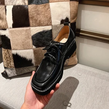 

INS hot women Pumps Genuine Leather 22-25cm Solid color retro Europe and America thick with square toe shoes woman woman shoes