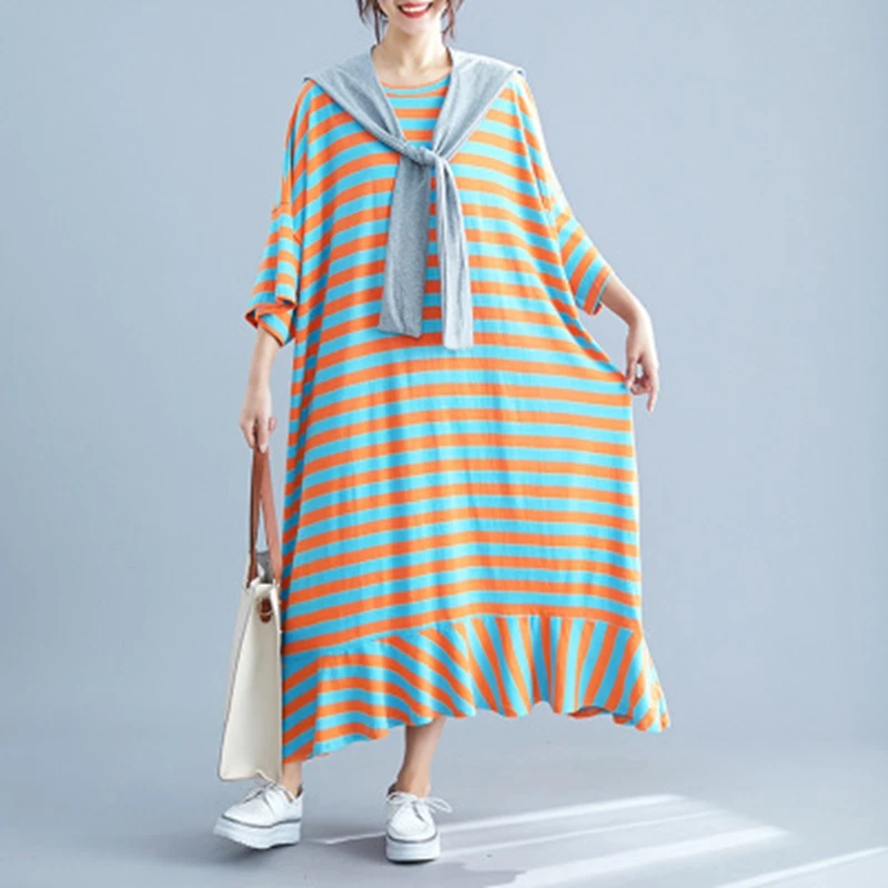 

Autumn new large size 8XL 9XL 10XL bust 155CM loose fake two long casual striped fishtail dress