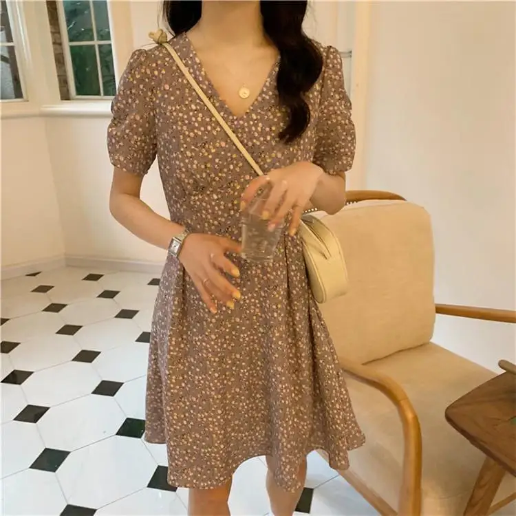Dress Women Summer Purple High Waist Midi Elegant Floral Sweet V-neck Short Sleeve Slim Trendy Casual Daily Female Ruffled Chic