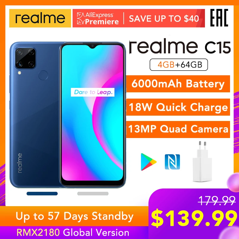  Realme C15 4 Гб ОЗУ 64 Гб ПЗУ глобальная версия Helio G35 6000 мАч аккумулятор 13 МП AI Quad камеры Поддержка многоязычного Play Store 