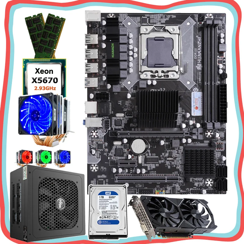^Cheap HUANANZHI quality PC parts X58 Motherboard with CPU Intel Xeon X5670 2.93GHz RAM 32G(2*16G) 1TB HDD PSU 500W GPU GTX1050Ti 4G