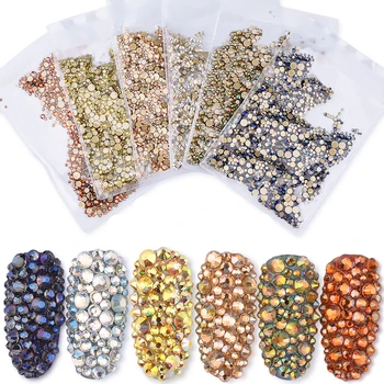 

6 styles Mixed Size Shiny AB Crystal Nail Art Rhinestones Champagne Amber Gold Flatback Non Hotfix Glass Gem Stone Manicure DIY