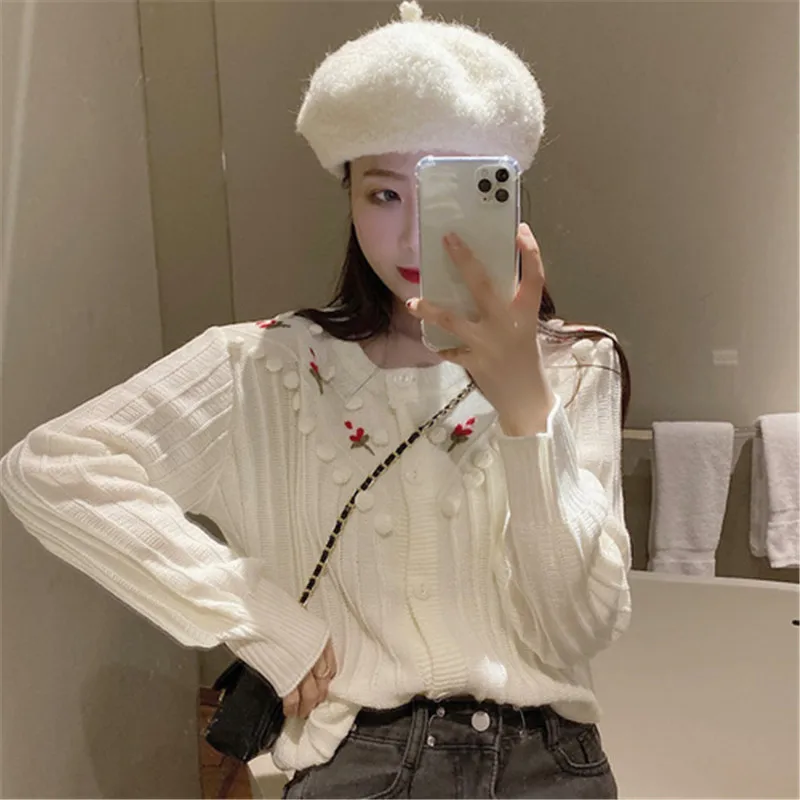 RUGOD корейский стиль длинный рукав вязаный кардиган с цветочной вышивкой свитер женская зимняя одежда женская осень