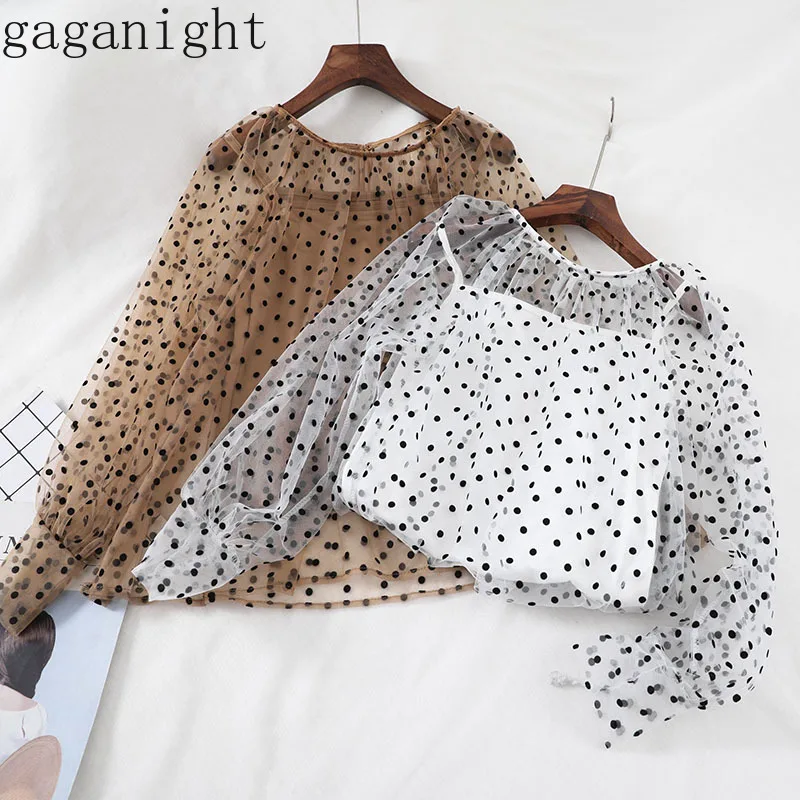 

Gaganight Polka Dot Women Summer Fashion Blouse Mesh Long Sleeves O Neck Camis Female Two Pieces Set Solid Korea Style Vintage