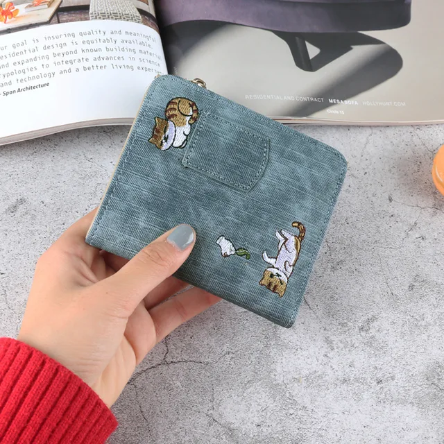 Embroidery Cat Women Short Wallet Zipper Coin Purse Short Women's Wallet Kawaii Mini Cards Holder Clutch for Girl Carteras Mujer 3