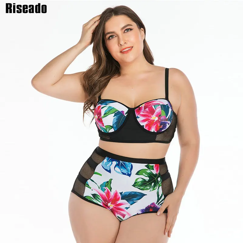 

Riseado Floral Print Swimsuit High Waist Bikini Plus Size Swimwear Push Up Bathing Suit Sexy Mesh Biquini New Bikini 2019 Mujer