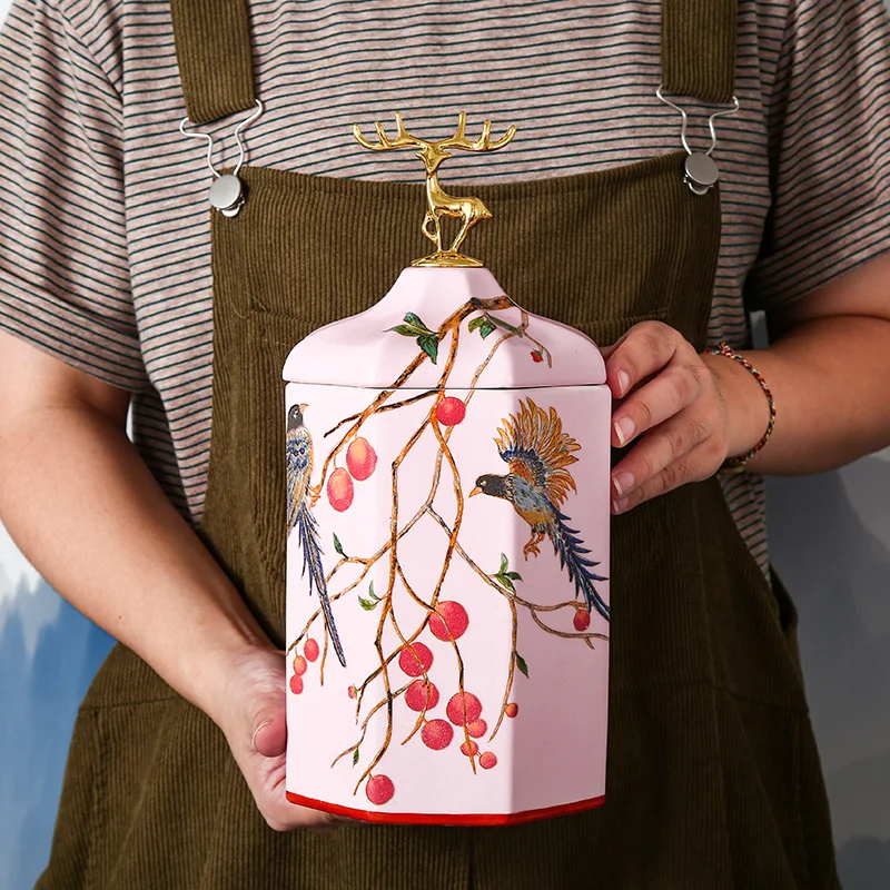 Color Flower Bird Golden Deer Candy Jar Ceramic Storage Bottle Household Nut Tea Tin Moisture-proof Storage Box Porcelain Crafts 4