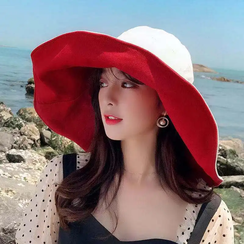 

2021 Two-sided Wide Brim Floppy Girls Sun Hat Beach Women Summer Hat UV Protect Travel Lady Cap 15cm Brim Cap Female Gift