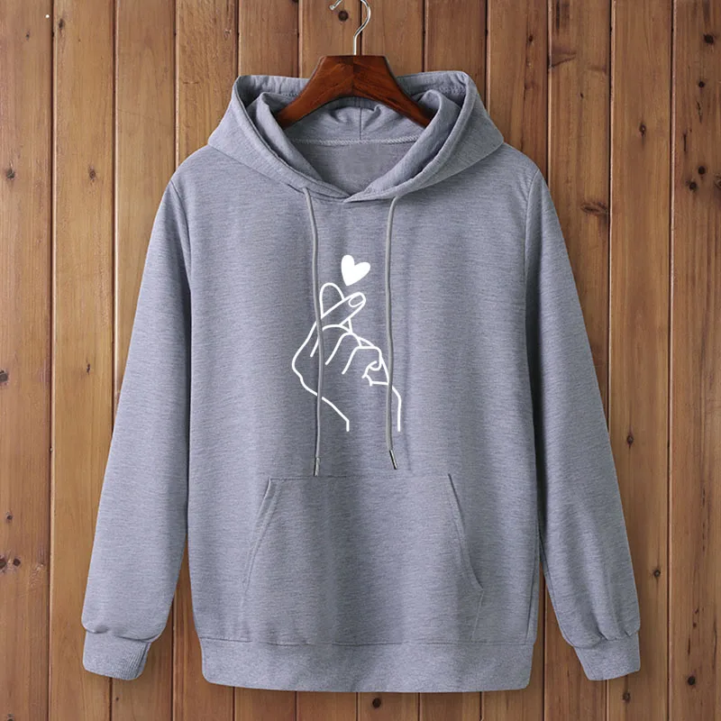 light grey-W Женские толстовки, повседневные, Kpop, Finger Heart Love, с рисунком, с капюшоном, толстовки, модные, на шнурке, с длинным рукавом, женские пуловеры размера плюс - Цвет: light grey-W