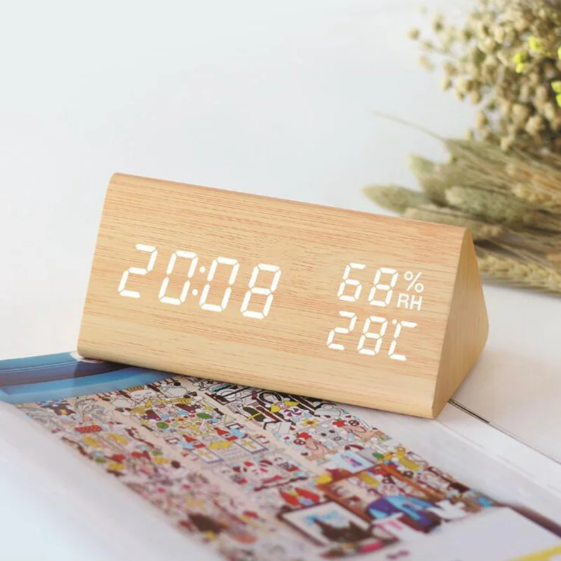 Белый Деревянный цифровой будильник светодиодный Будильник USB/питание от батареи диммер комнатный гигрометр термометр часы со звуковым управлением - Цвет: Белый