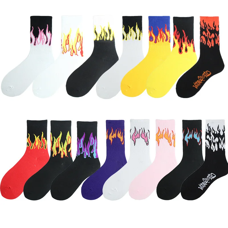 1 Paio Di Moda Donna Hip Hop Hit Color On Fire Crew Socks Red Flame Blaze Power Torch Calore Caldo Street Skateboard Calzini Di Cotone