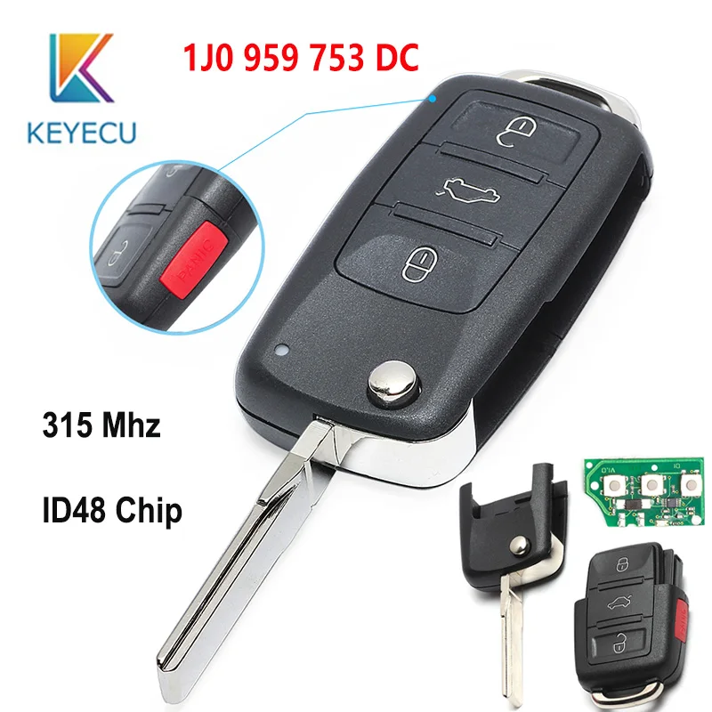 KEYECU складной дистанционный ключ 3+ 1 Кнопка 315 МГц для Volkswagen GOLF BEETLE Je* tta Passat FCC ID: 1J0 959 753 DC ID48 чип