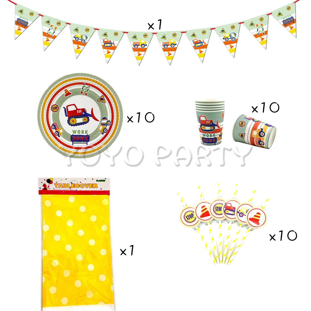 32Pcs for 10kids Construction Vehicles theme birthday party supplies tableware set plate+straw+cup+tablecover+banner | Дом и сад