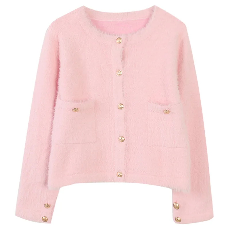 New Autumn Pink/White/Black Cardigan Women Casual O-neck Long Sleeve Short knitted Sweater Woman