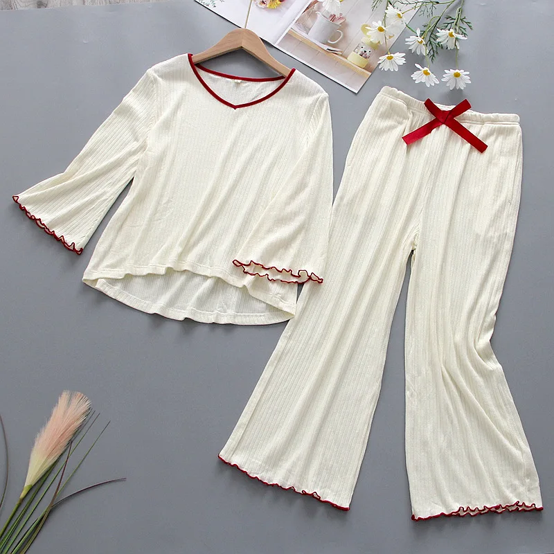 

Spring and Summer Thin Knitted Solid Color Home Wear 7 / 4 Sleeve No Print Knitted Pajamas Women's Suit Female Pyjamas