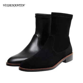 

Autumn Flock Women's Ankle Boots Thin British Style Round Toe Mid-tube Elastic Thin Slip-On Boots Flat Leather Short Boots