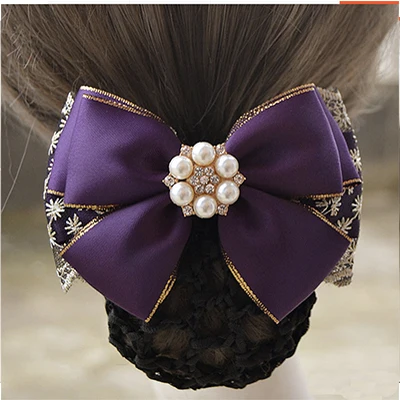 Fashion Handmade Office Lady Bow Tie Barrette Hair Clip Cover Bowknot Net Bun Snood Hair Accestory - Color: C