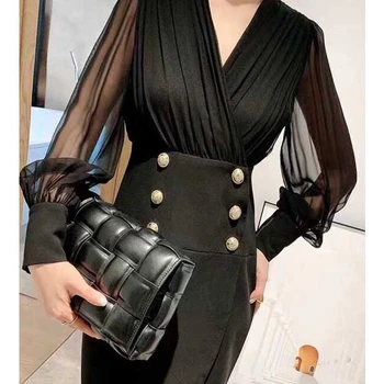 

Cosmicchic 2020 Fashion Designer Runway Elegant Formal Dress Vintage V-neck Silk Patchwork Lantern Sleeve Gold Button Dress