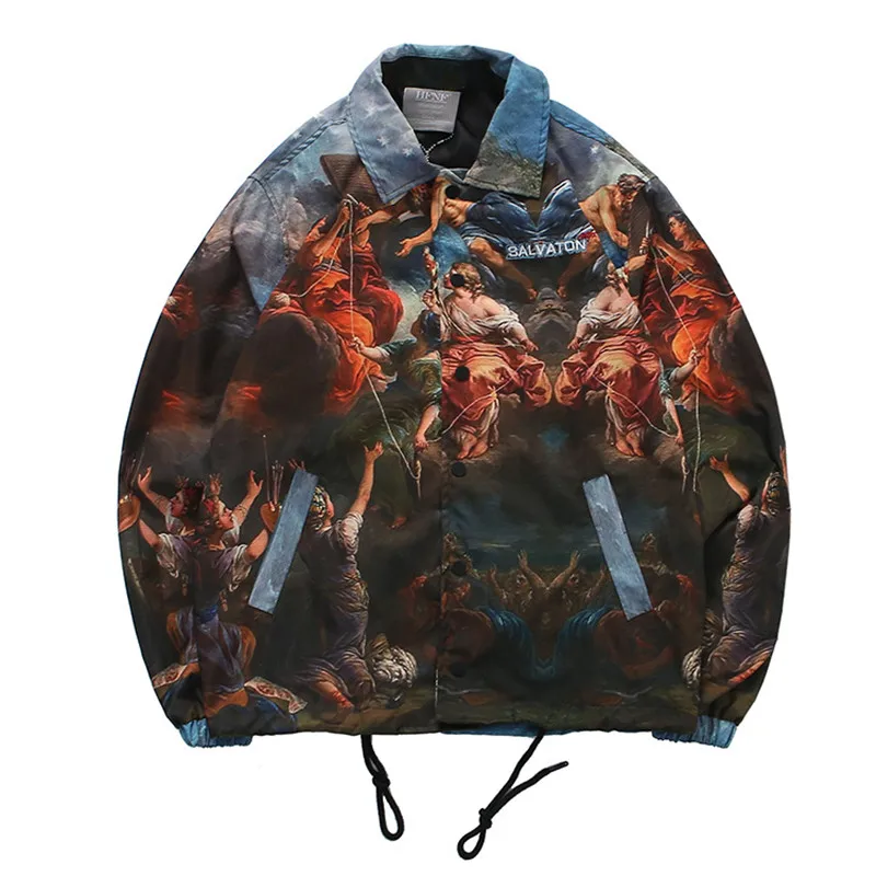 Мужская мода ретро масляная живопись принт хип хоп куртка для мужчин осень уличная Мужская свободная ветровка куртка панка
