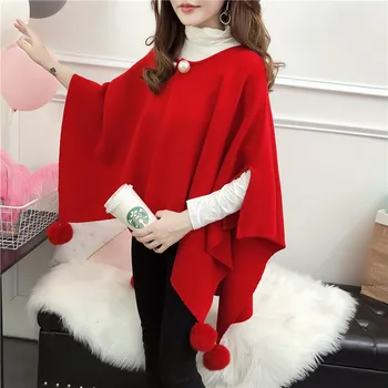 

Shawl-style Cloak Irregular Knit Cardigan Women Loose Large Size Bat Sleeve Fur Ball Tassel Long Sweater Poncho Female Spring
