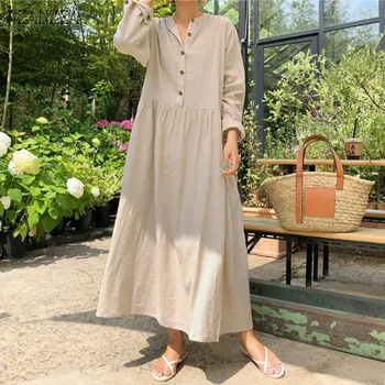 

2020 Fashion ZANZEA Women Long Maxi Dress Ladies Elegant Work OL Vestidos Plus Size Vintage Pockets Cotton Dresses Robe Femme