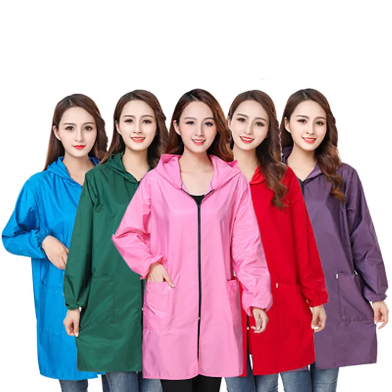 

Korean Spring And Autumn Smocks Adult Women Solid Color Overalls Waterproof Oil-proof kitchen Apron Long sleeve Zipper A401