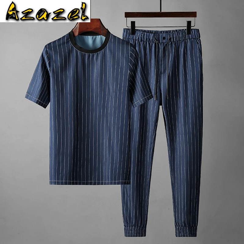 

Azazel Summer Mens Sets (t-shirt+pants) Luxury Short Sleeve Round Collar Stripe Male Tracksuit Plus Size 4xl Slim Fit Man Sets