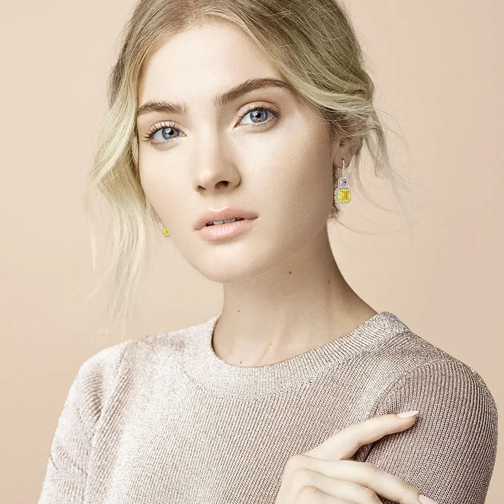 PANSYSEN Original Top Brand Yellow Dangle Drop Earrings For Women Luxury White Gold Color Silver Fine Jewelry Earring Gift